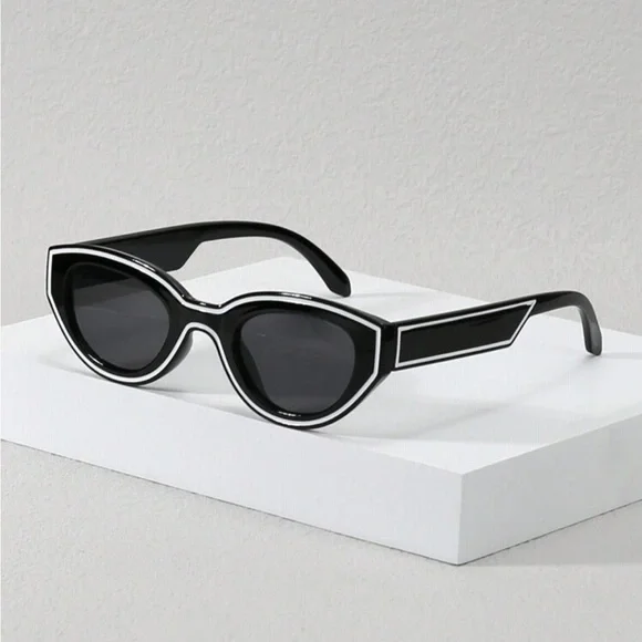 Funky Black & White Cat Eye Oval Shaped Sunglasses w Dark Grey Lens OS New - Picture 2 of 9